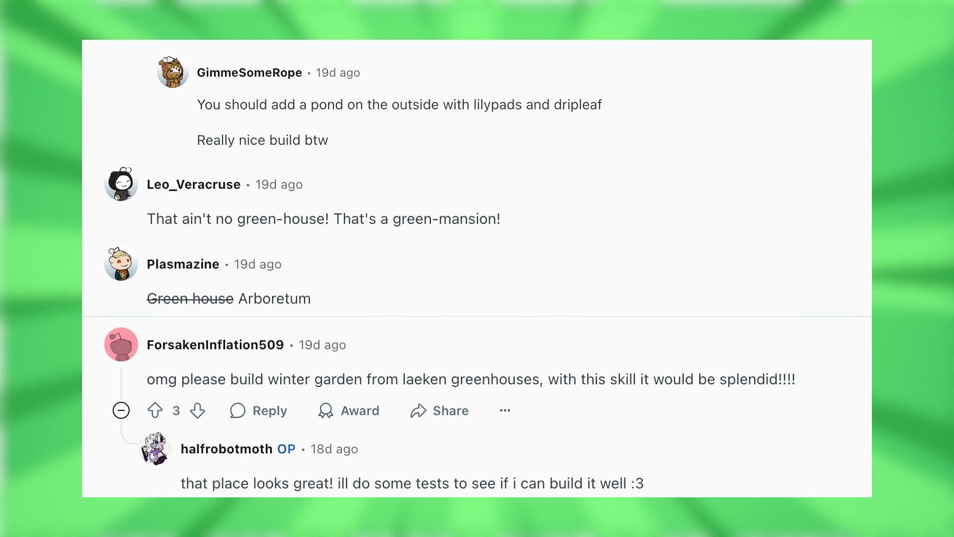 Redditors react to the massive greenhouse build (Image via Reddit)